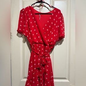Red crossover style dress with polka dots // size Medium // $20